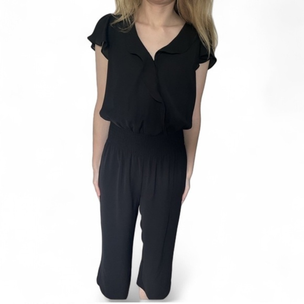 Parker Billie Cropped jumpsuit, size 0. V neck with ruffles. Sleeveless. Black.